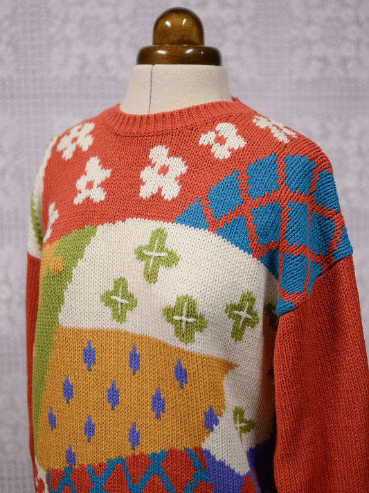 1990s Classics orange, yellow, green and blue funky flower pattern jumper