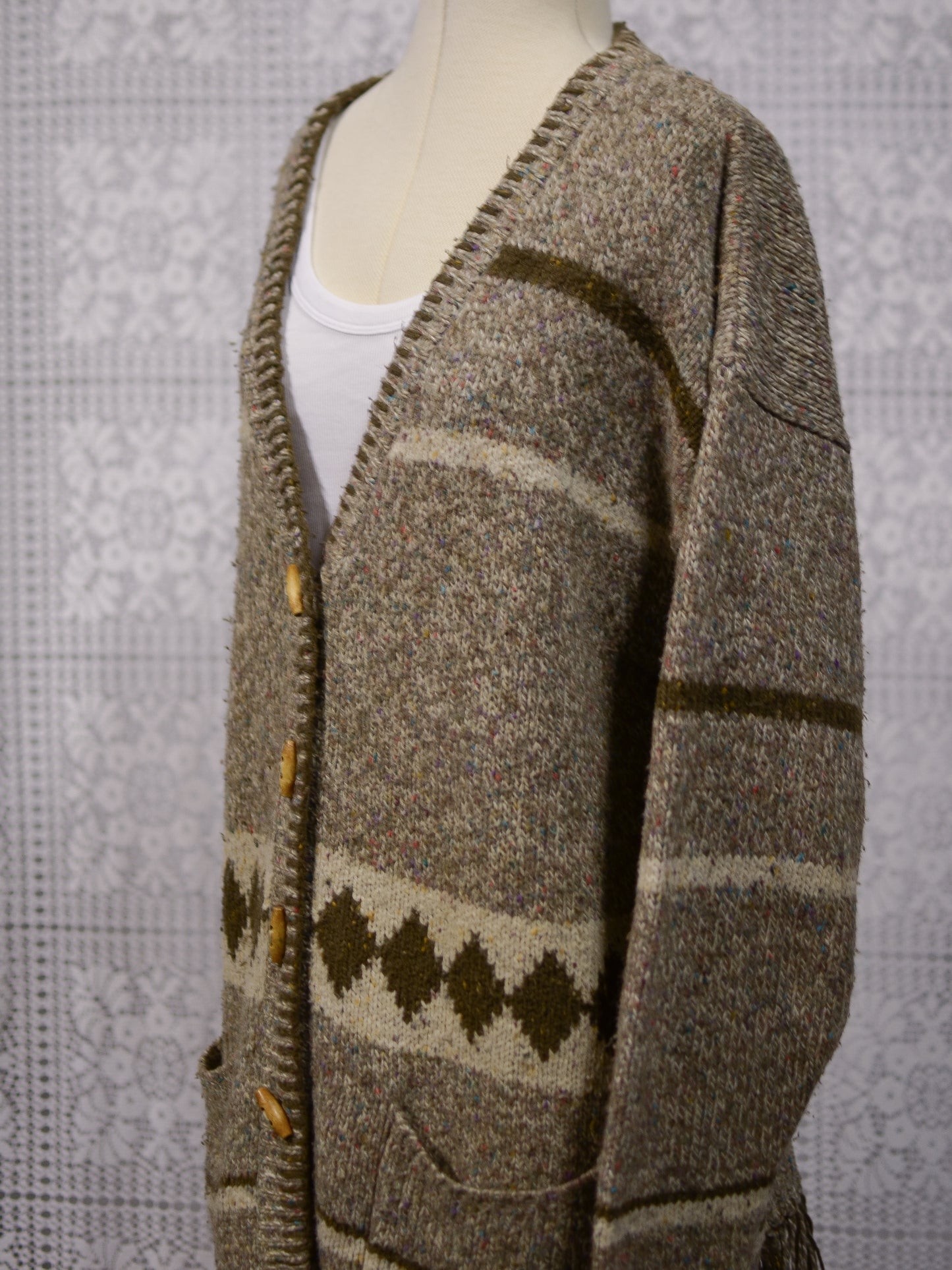 Y2K brown, cream and colourful flecked wool blend long tassled cardigan