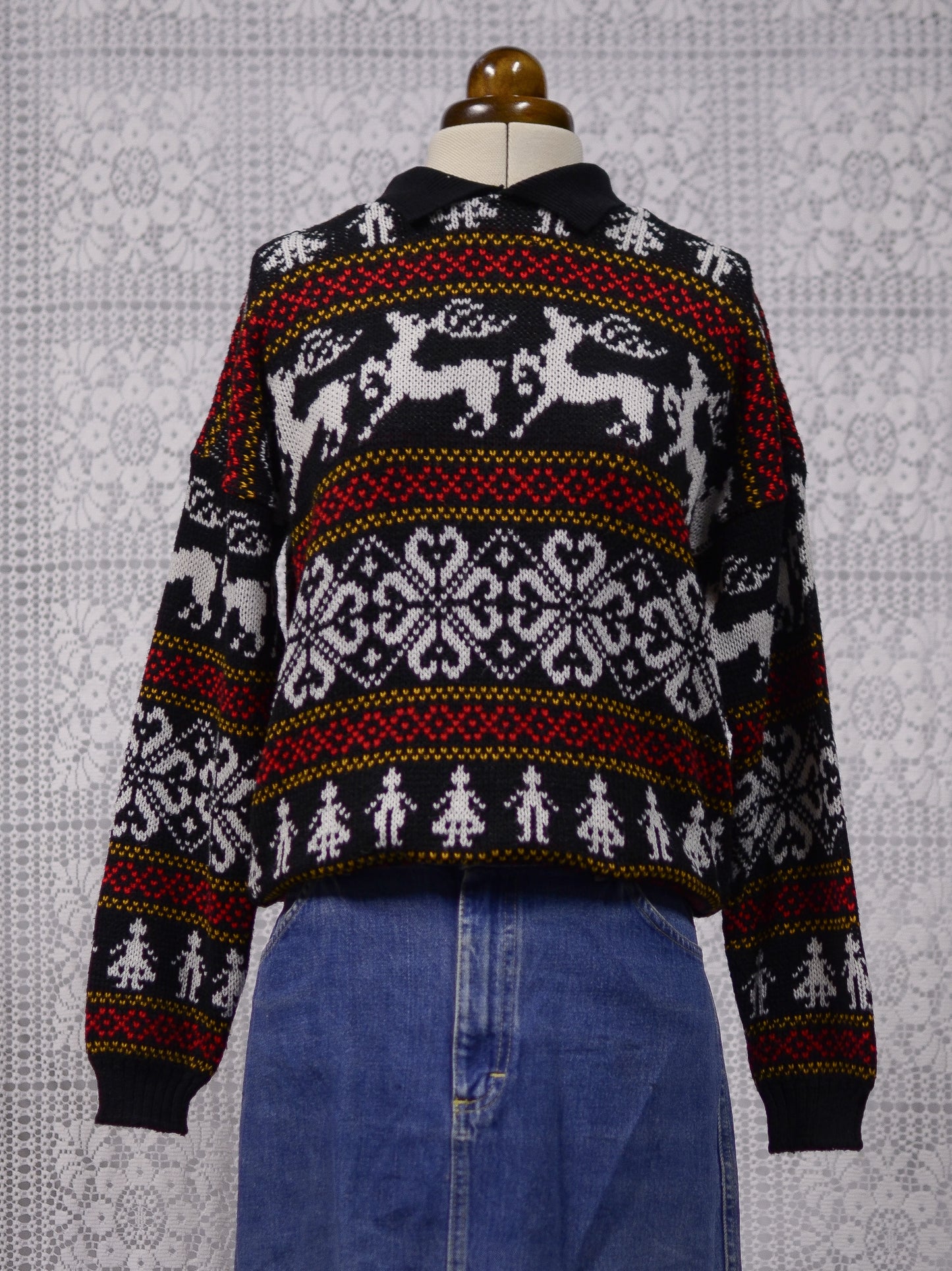 1980s black, white and red festive christmas reindeer collared jumper