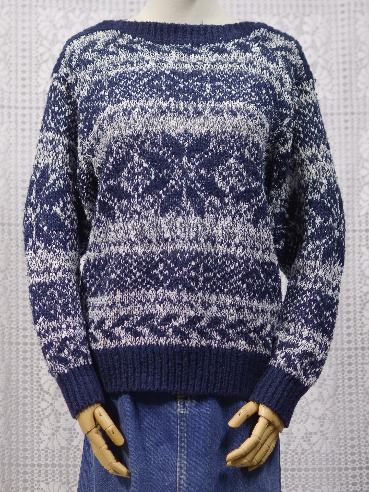 1980s C&A navy blue, white and silver snowflake festive jumper