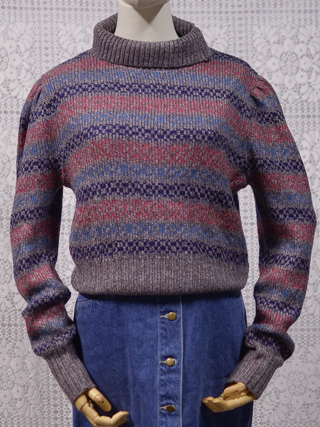 1970s heather grey, pink and purple striped roll neck jumper
