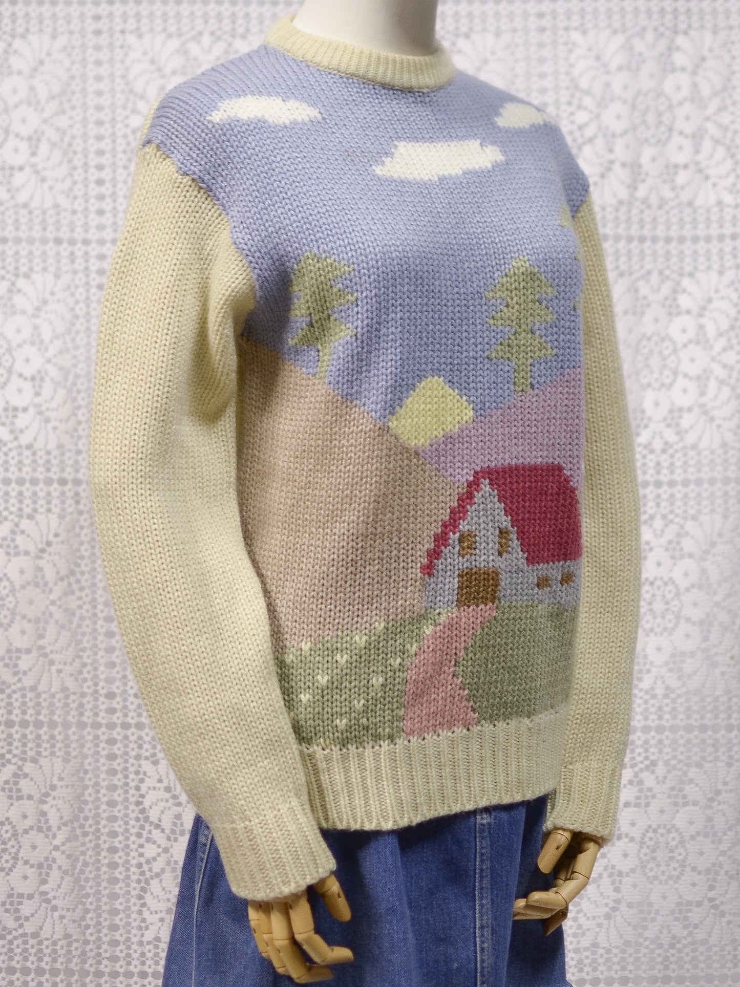 1980s Chelsea Girl cream and pastel cottage pattern jumper