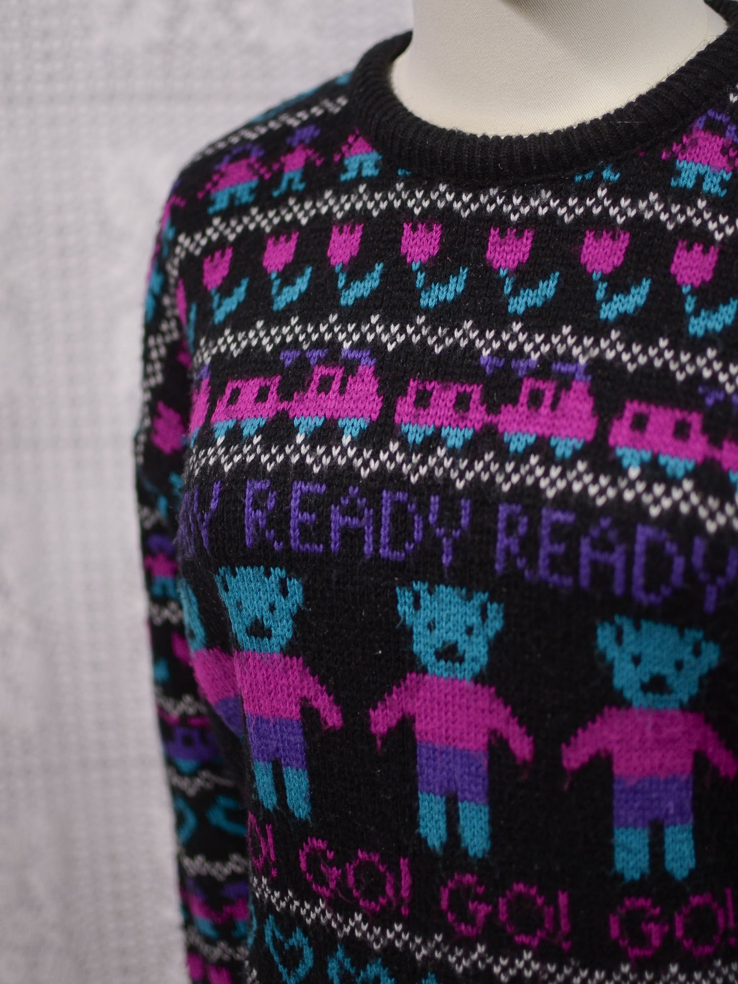 1980s black, pink and purple teddy bear novelty jumper