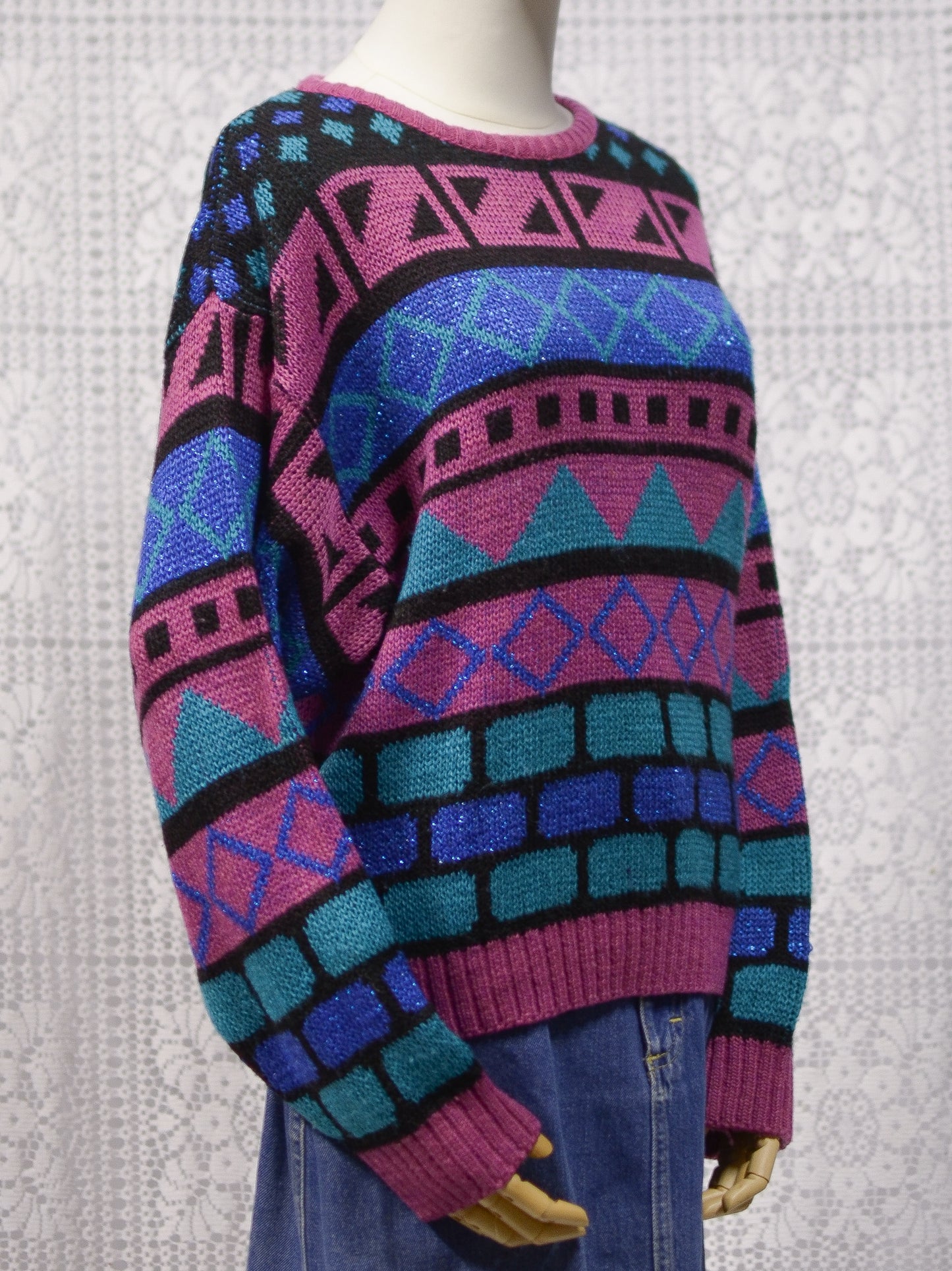 1980s C&A pink, green and blue sparkly patterned jumper