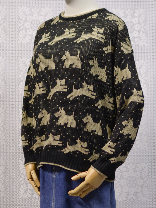 1980s black and brown scottie dog pattern novelty jumper