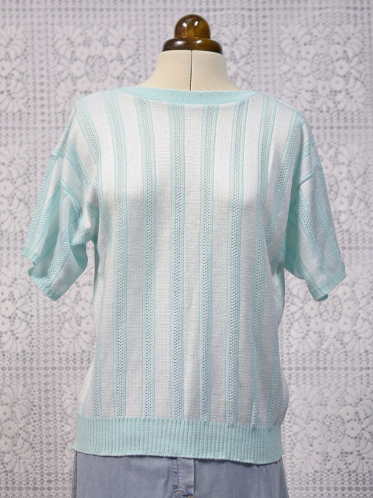 1980s mint green vertical striped short sleeve jumper