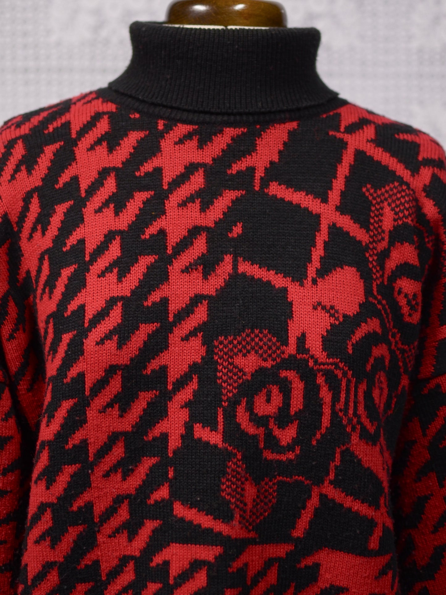 1990s St Michael red and black houndstooth and rose pattern long roll neck jumper