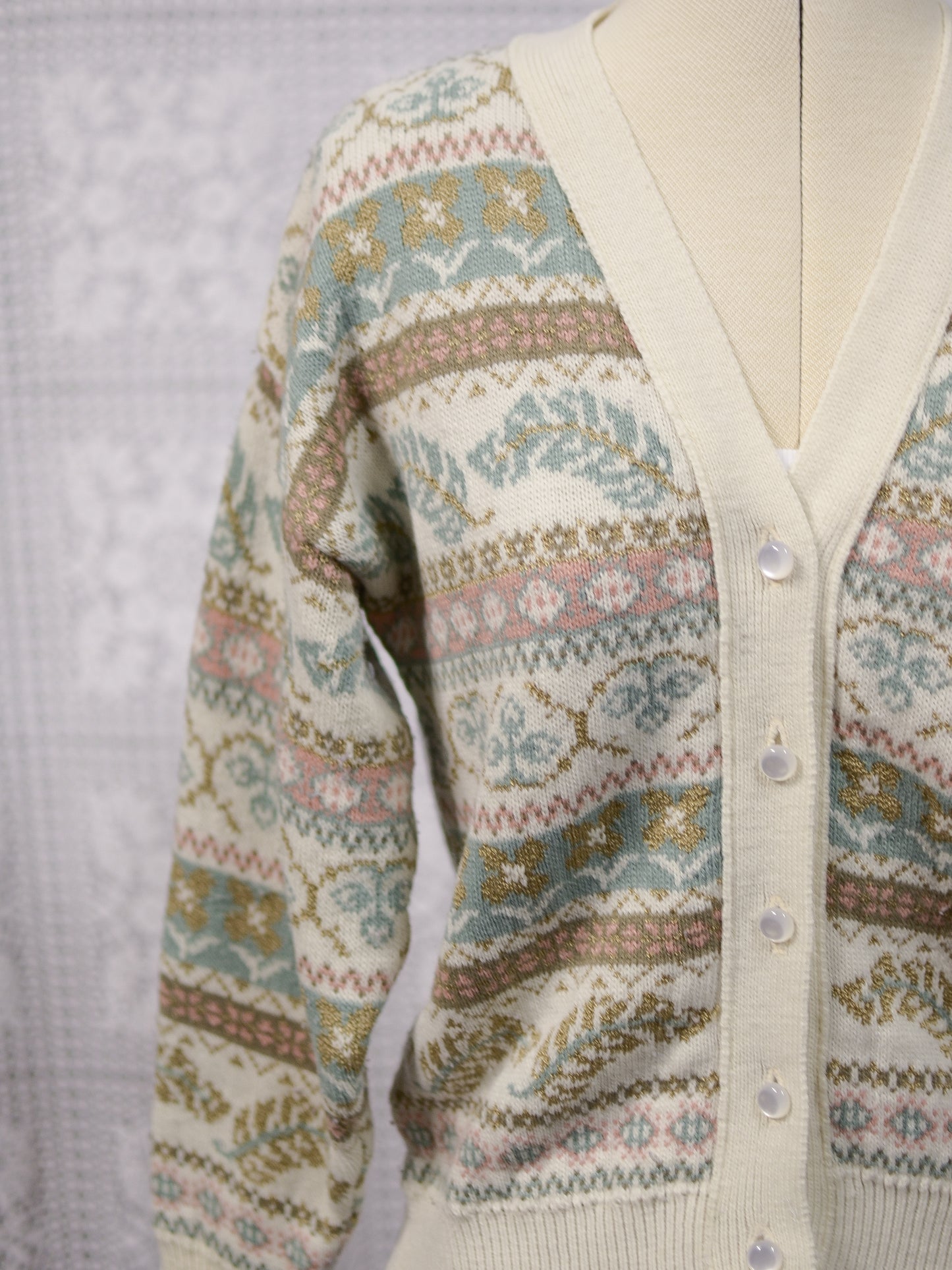 1980s cream, brown, pink and turquoise floral and feather pattern striped v-neck cardigan