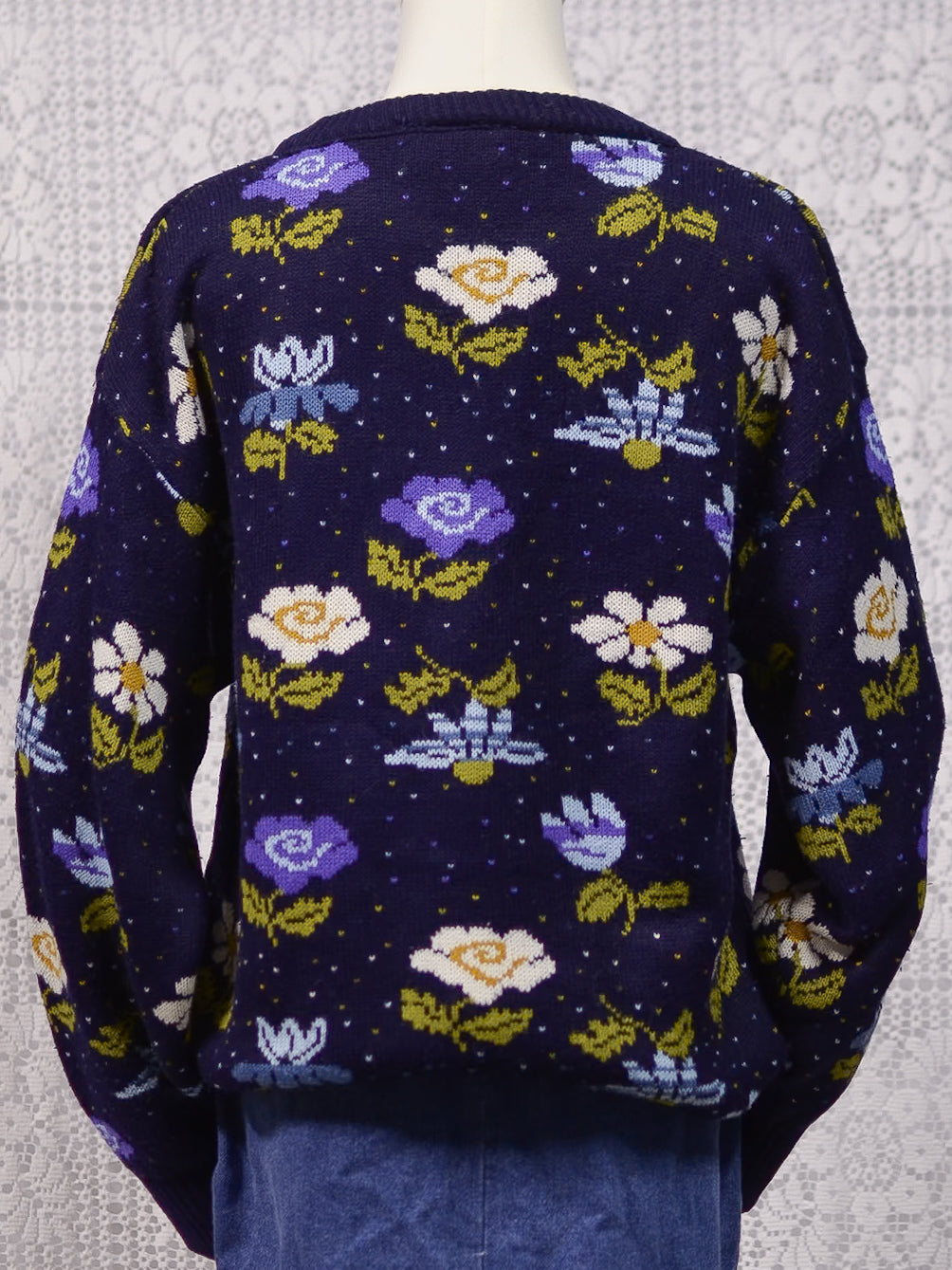 1980s navy blue, purple and white floral pattern jumper