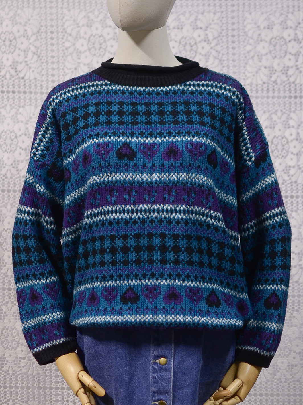 1990s Stefano black, turquoise and purple heart and stripe pattern jumper