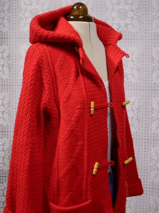 1970s St Michael red cable knit hooded duffle style long cardigan with toggle buttons