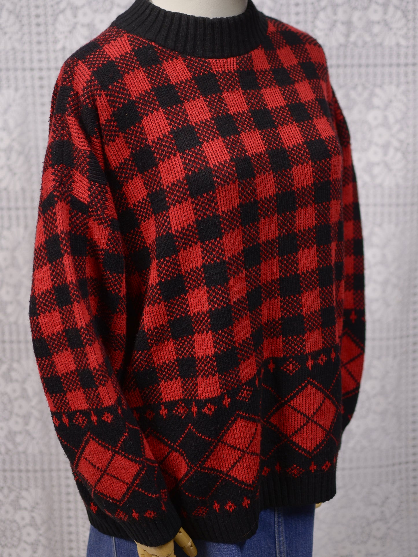 1990s red and black gingham plaid diamond argyle pattern jumper
