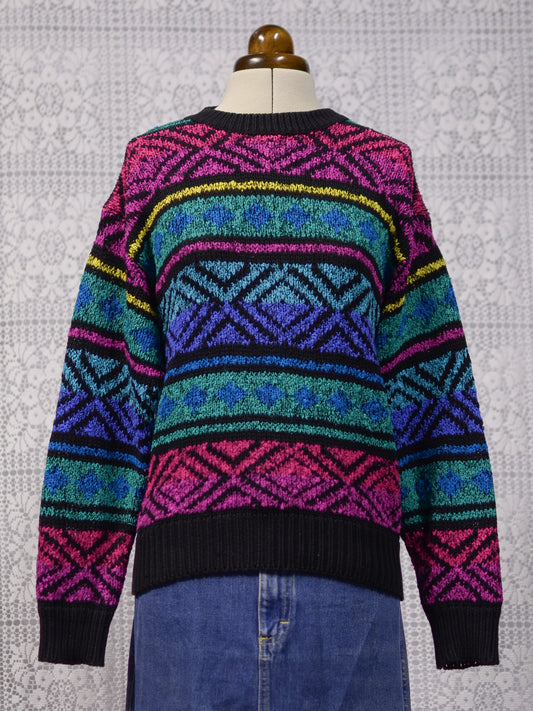 1990s Littlewoods black, pink, blue and yellow bright striped geometric jumper