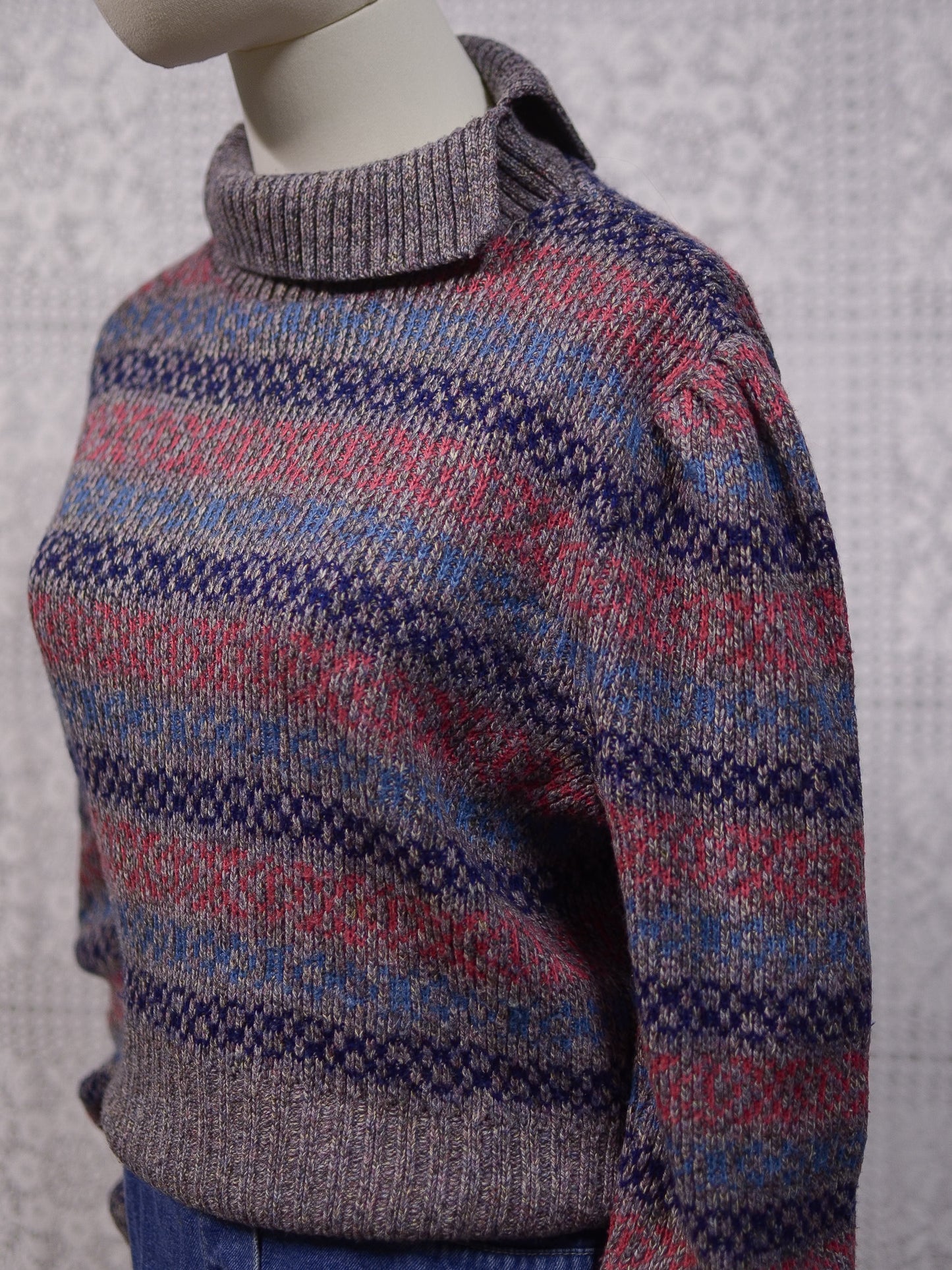 1970s heather grey, pink and purple striped roll neck jumper