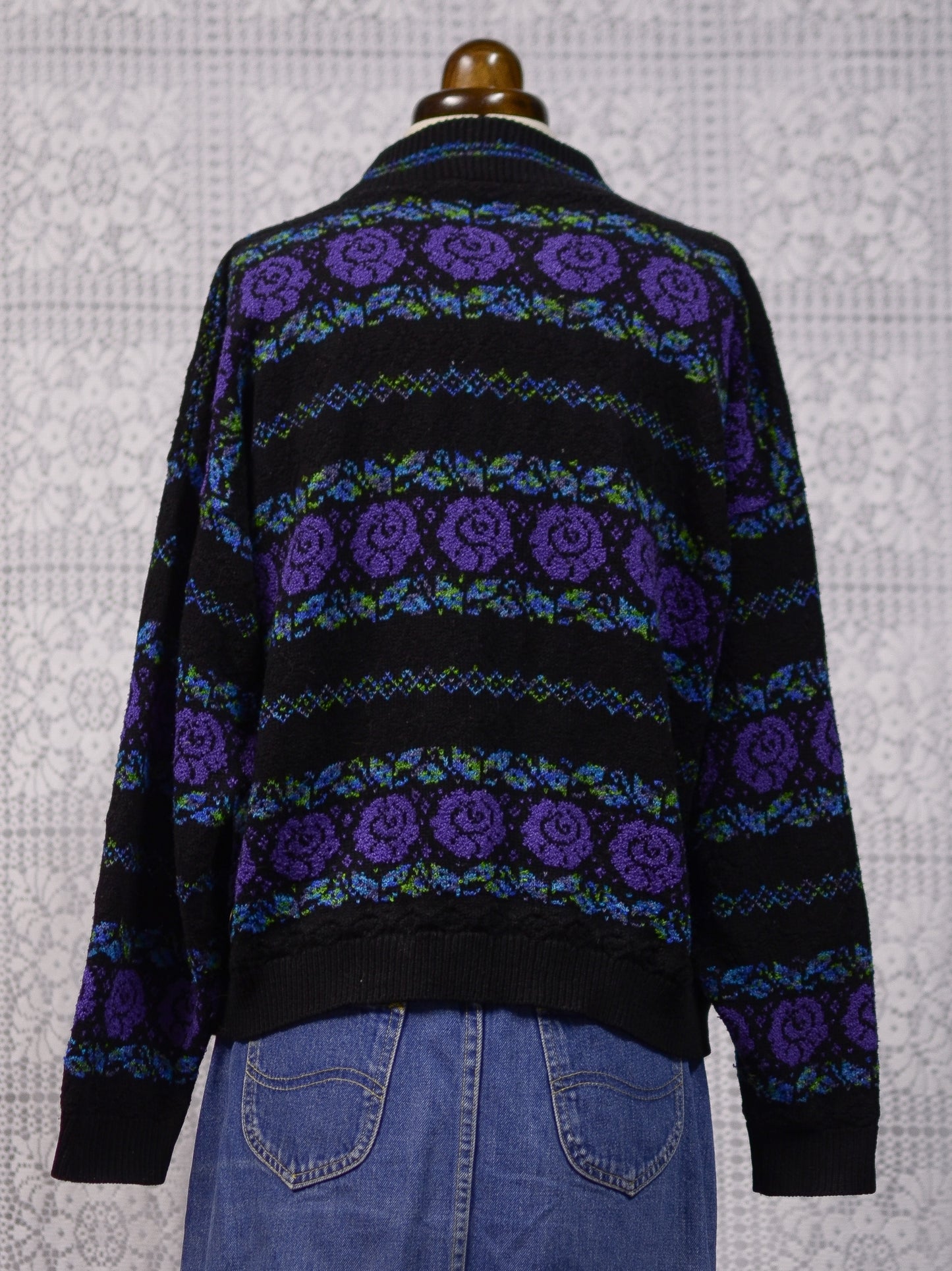 1980s black, purple and green rose floral and leaf pattern striped jumper