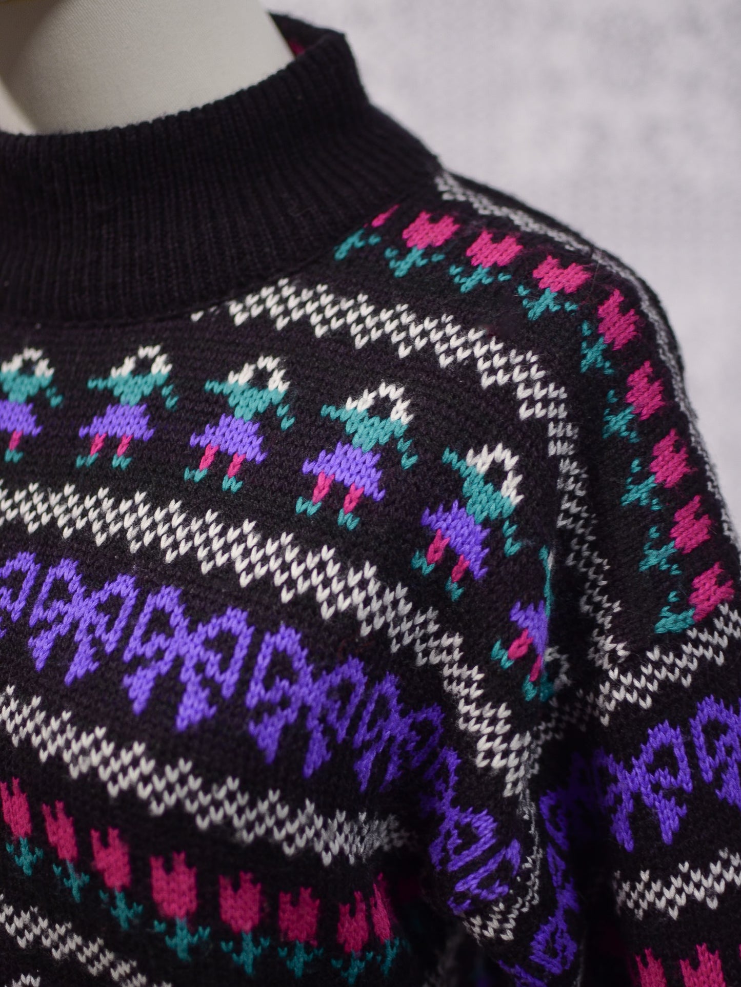 1980s black, purple and pink striped folk pattern jumper