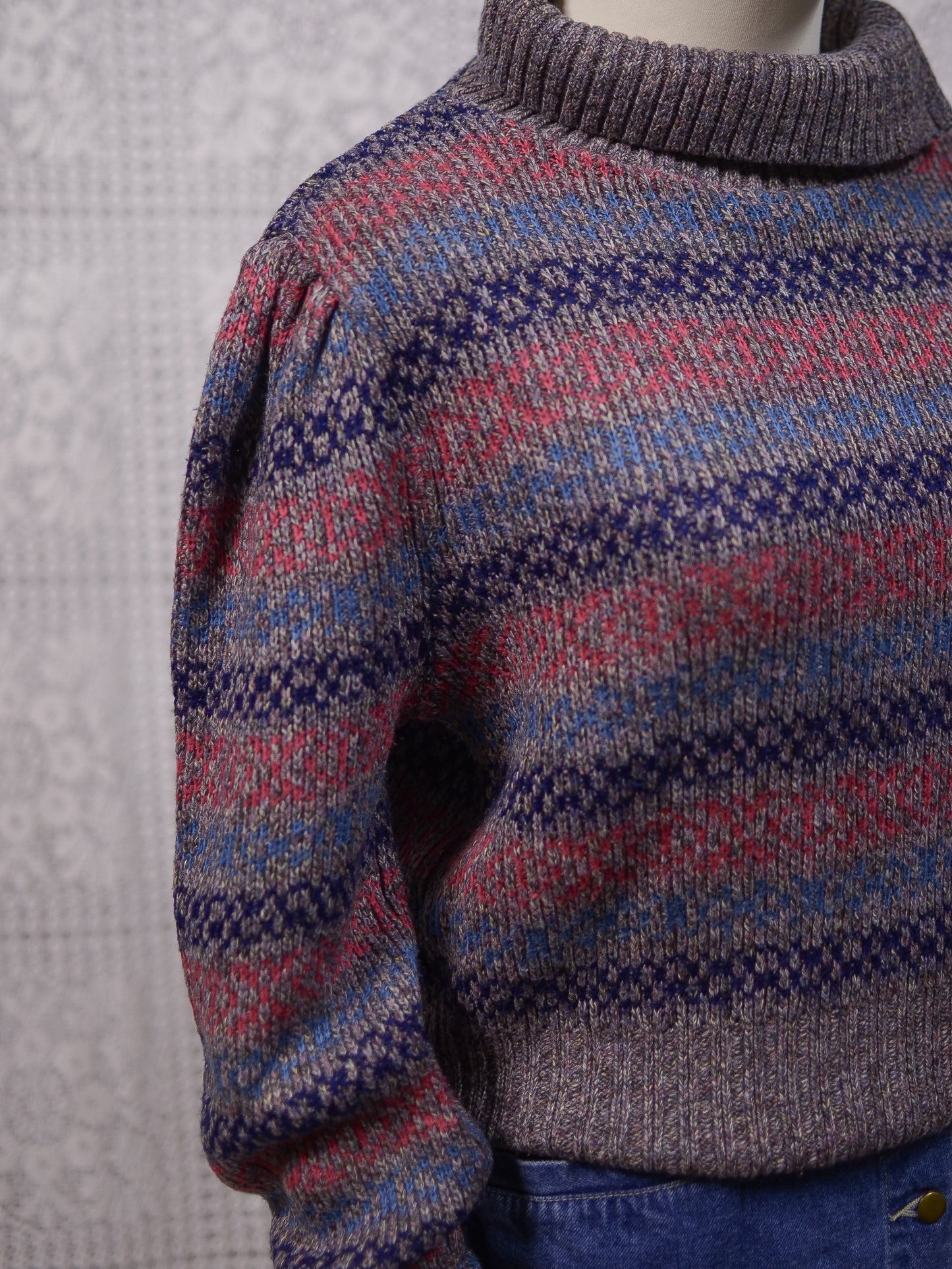 1970s heather grey, pink and purple striped roll neck jumper