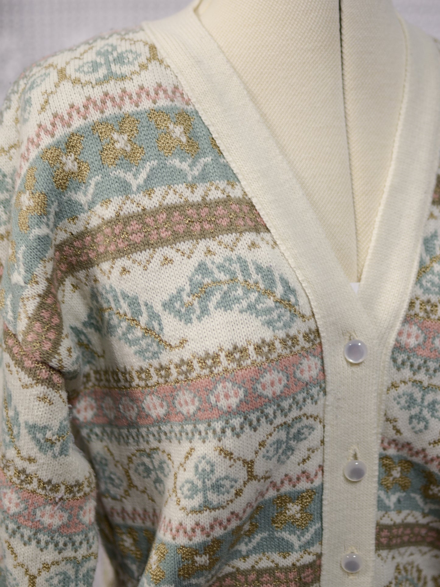 1980s cream, brown, pink and turquoise floral and feather pattern striped v-neck cardigan