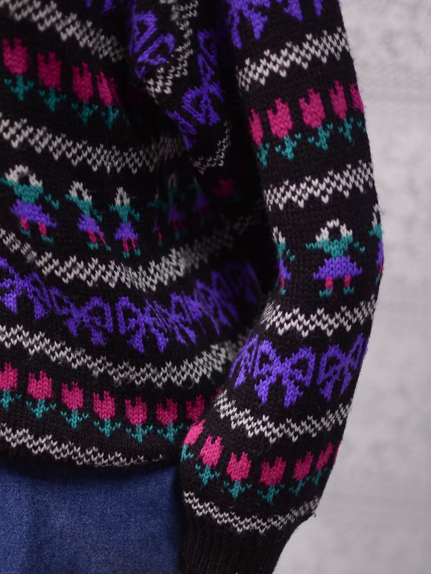 1980s black, purple and pink striped folk pattern jumper