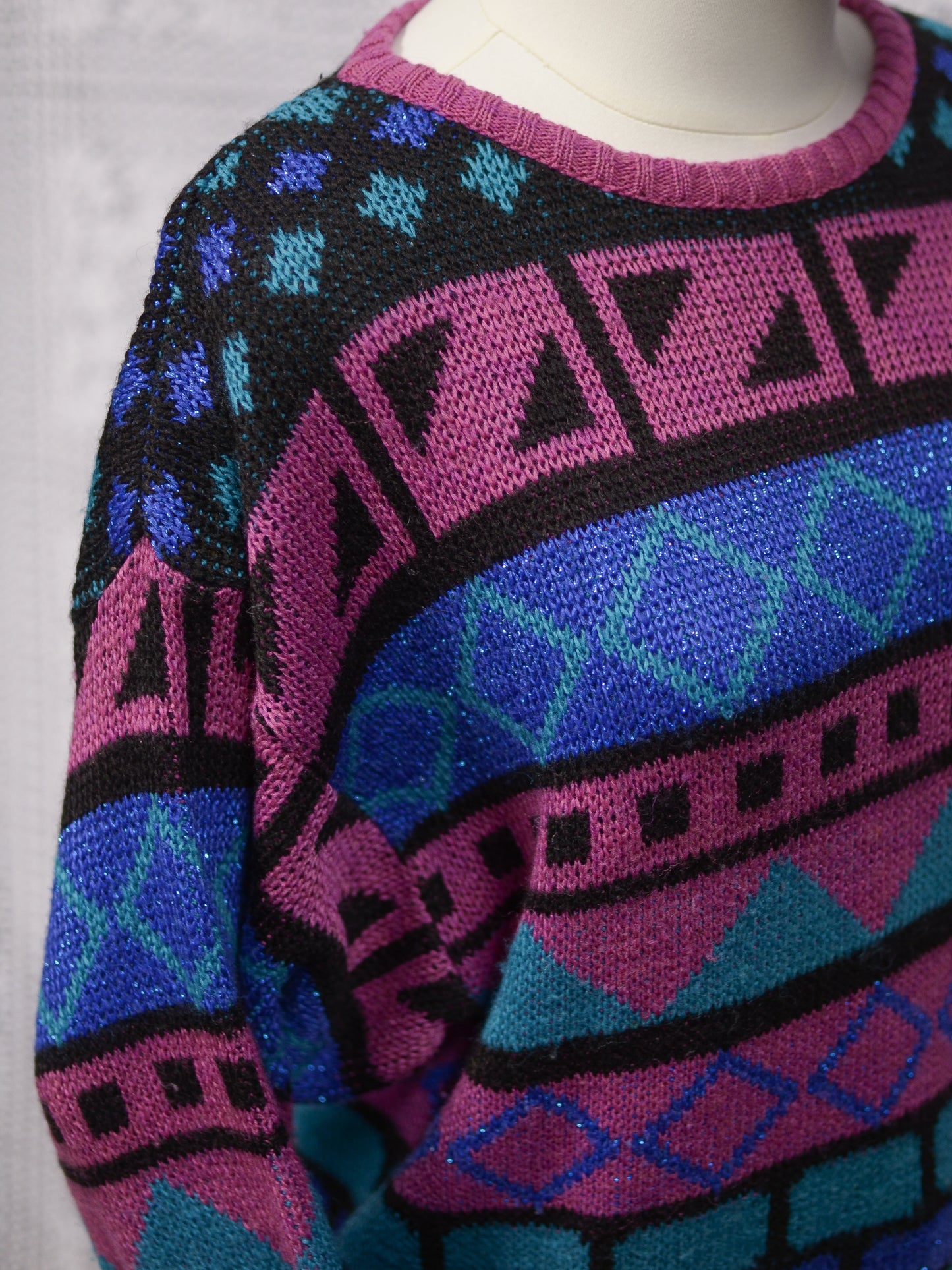 1980s C&A pink, green and blue sparkly patterned jumper