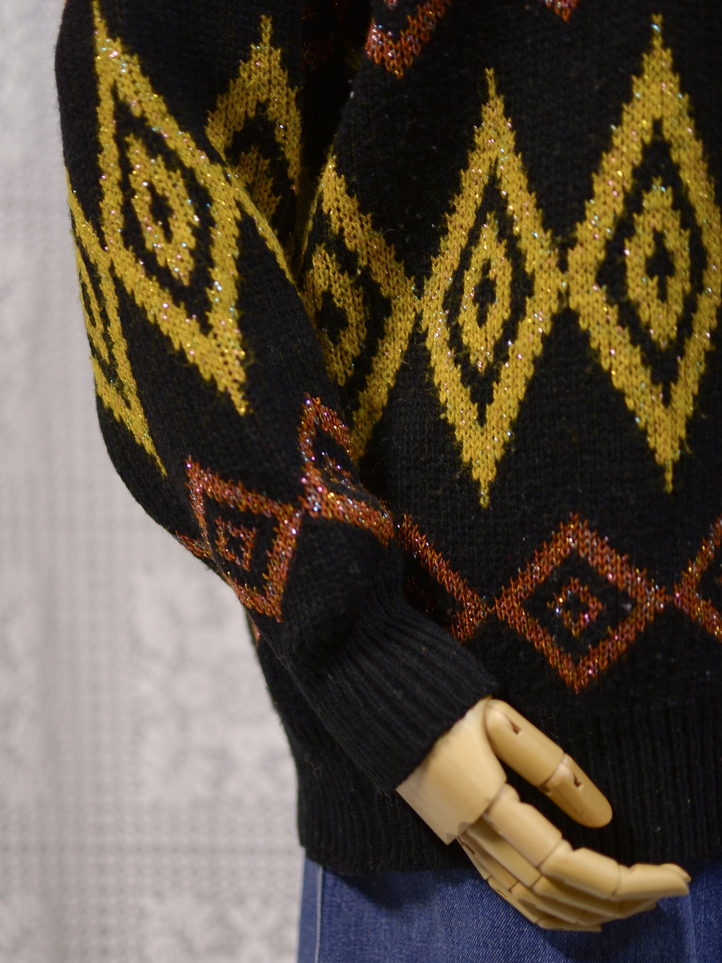 1980s black, yellow and brown sparkly geometric pattern jumper