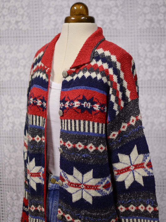 1990s St Michael red, blue and white snowflake patterned striped collared cardigan