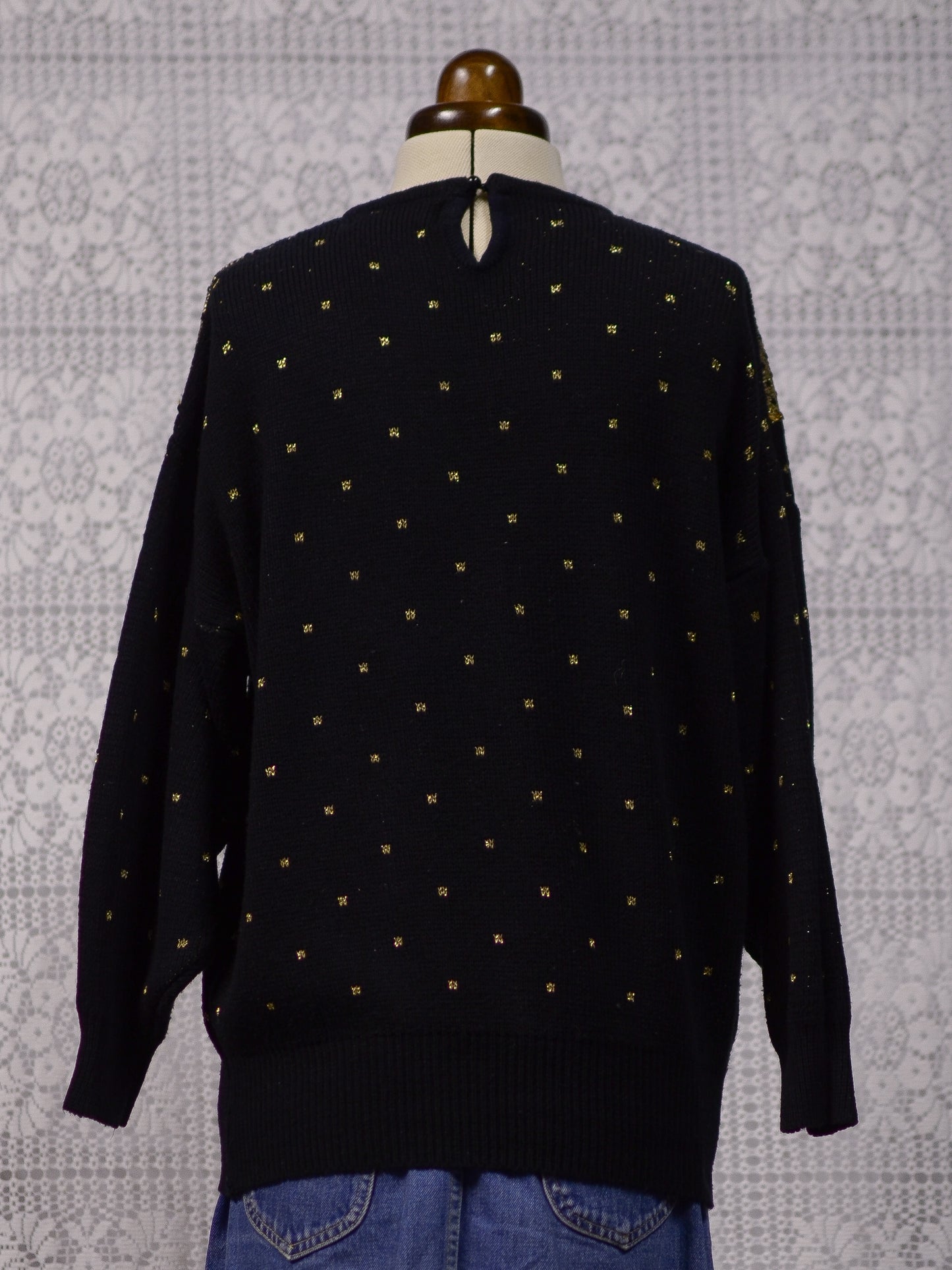 1980s black and gold glittery sequin bow jumper