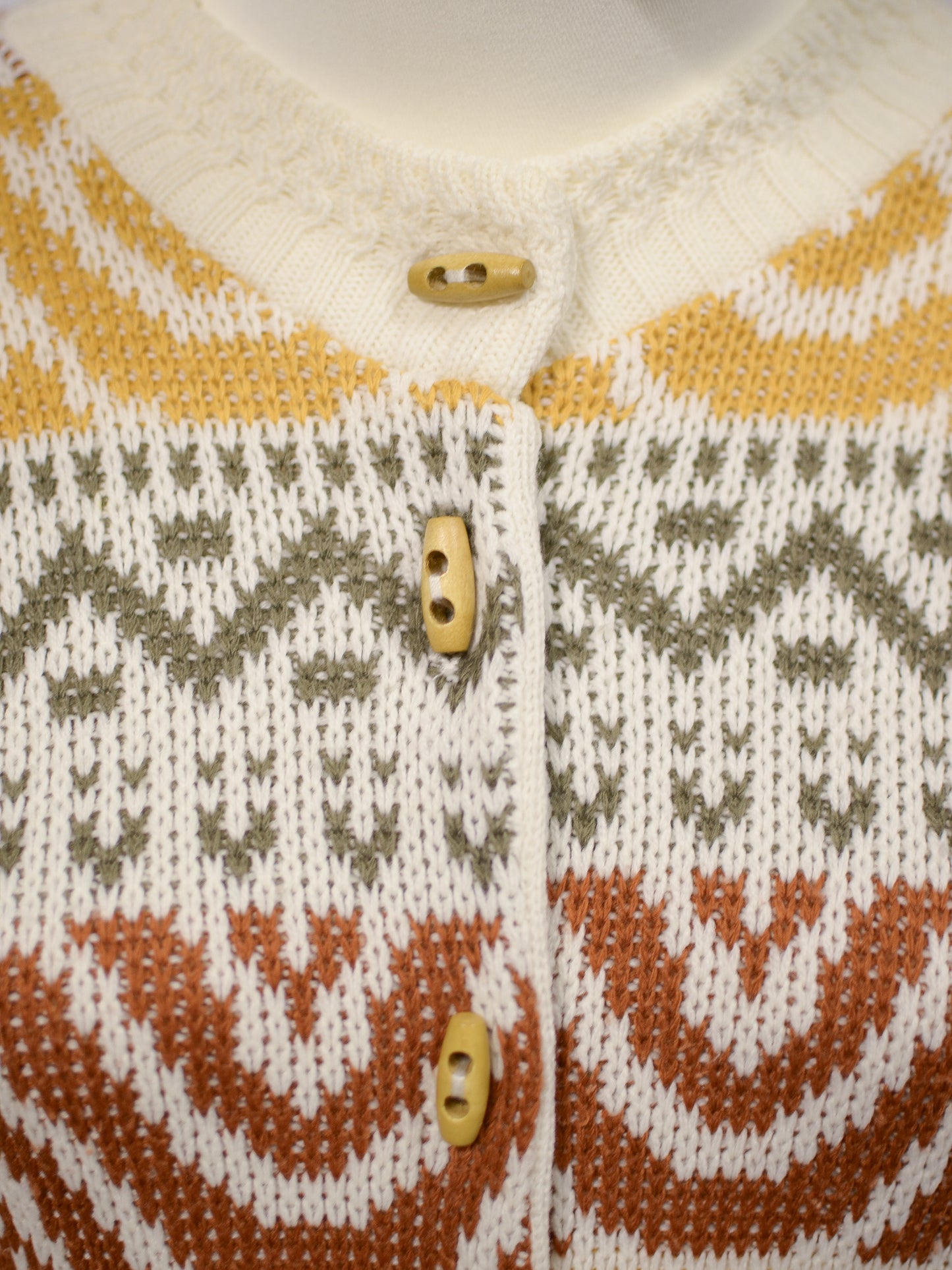 1980s Honeybells brown, green, mustard yellow and cream geometric pattern long cardigan