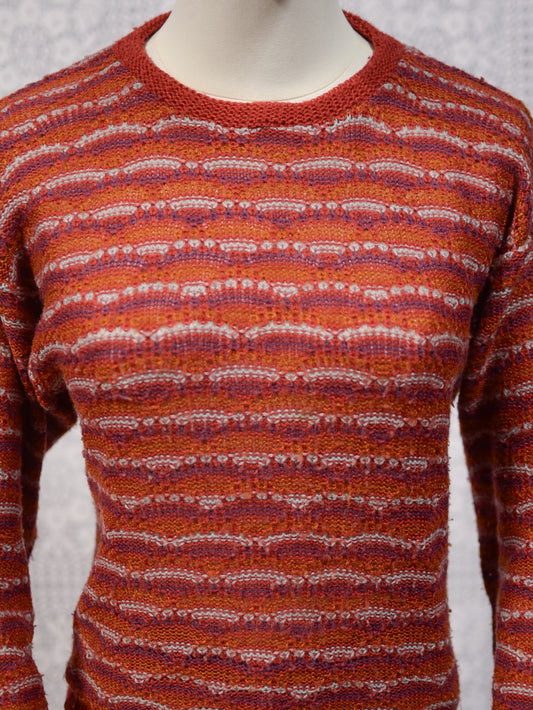 1970s dark red, orange and purple patterned stripe jumper