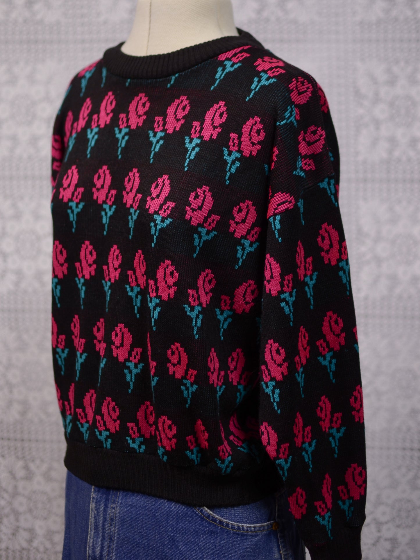 1980s black, hot pink and green rose print 3/4 length sleeve jumper