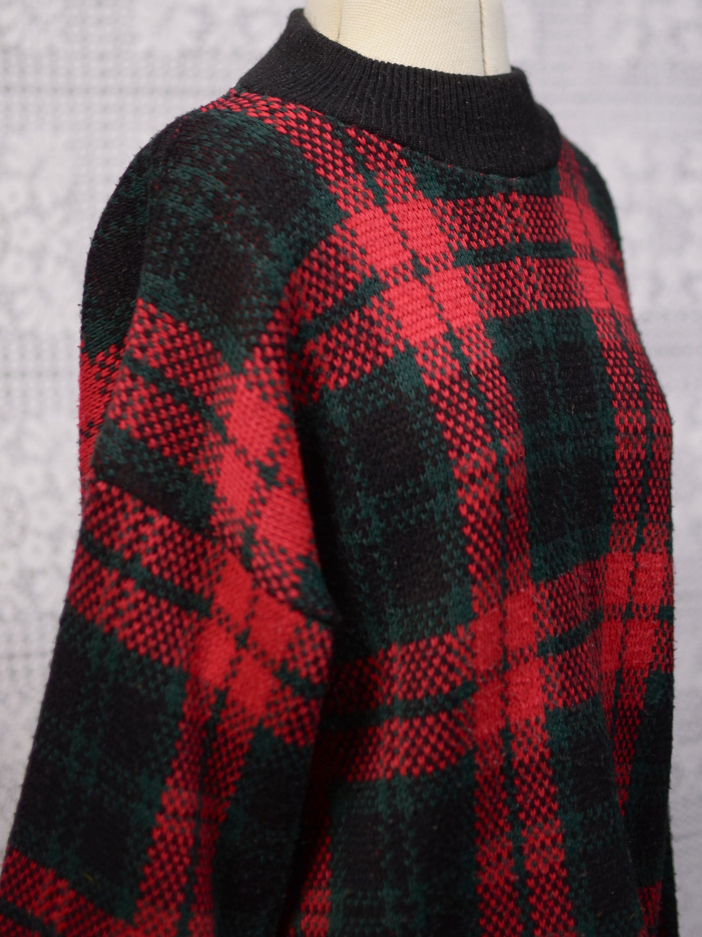 1980s C&A red, green and black tartan checked jumper