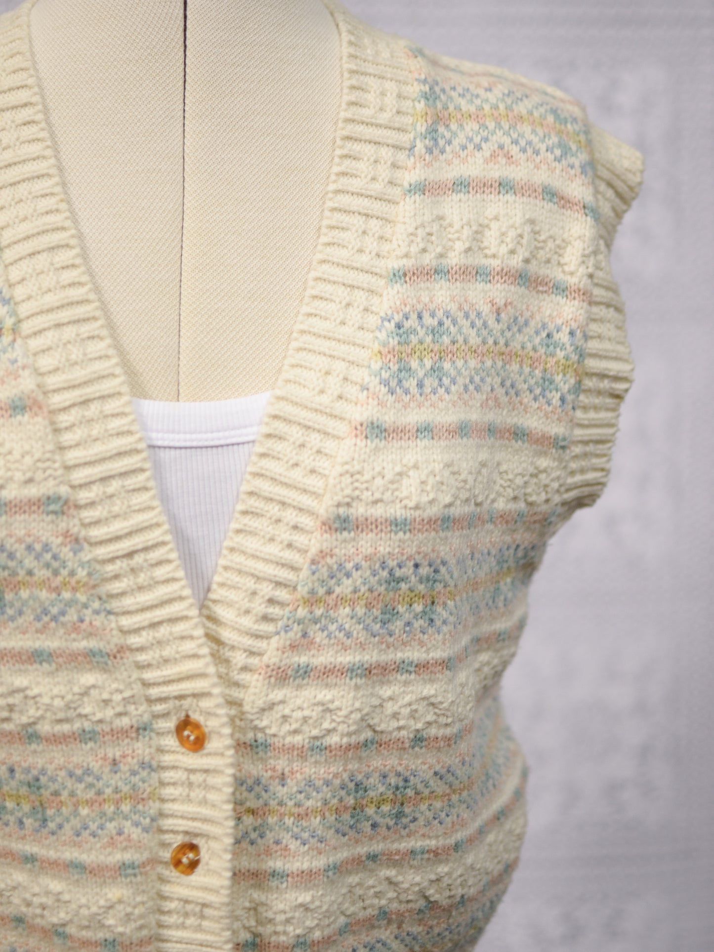 1990s BHS cream, pink and blue nordic fairisle style pattern knitted waistcoat