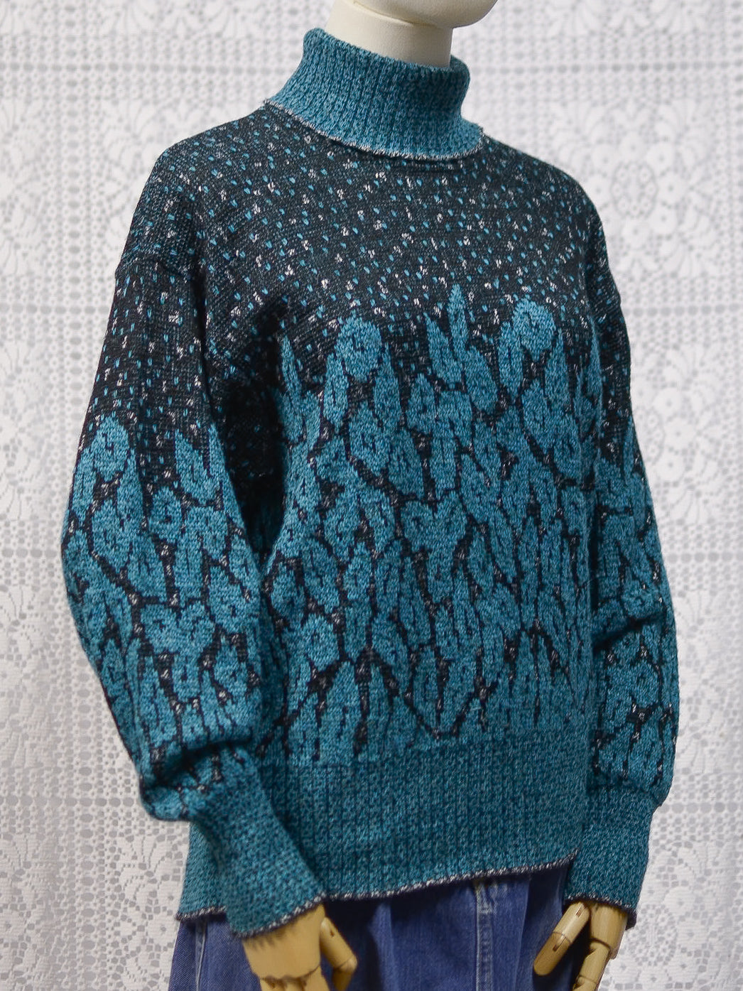 1980s teal, black and silver roll neck batwing jumper