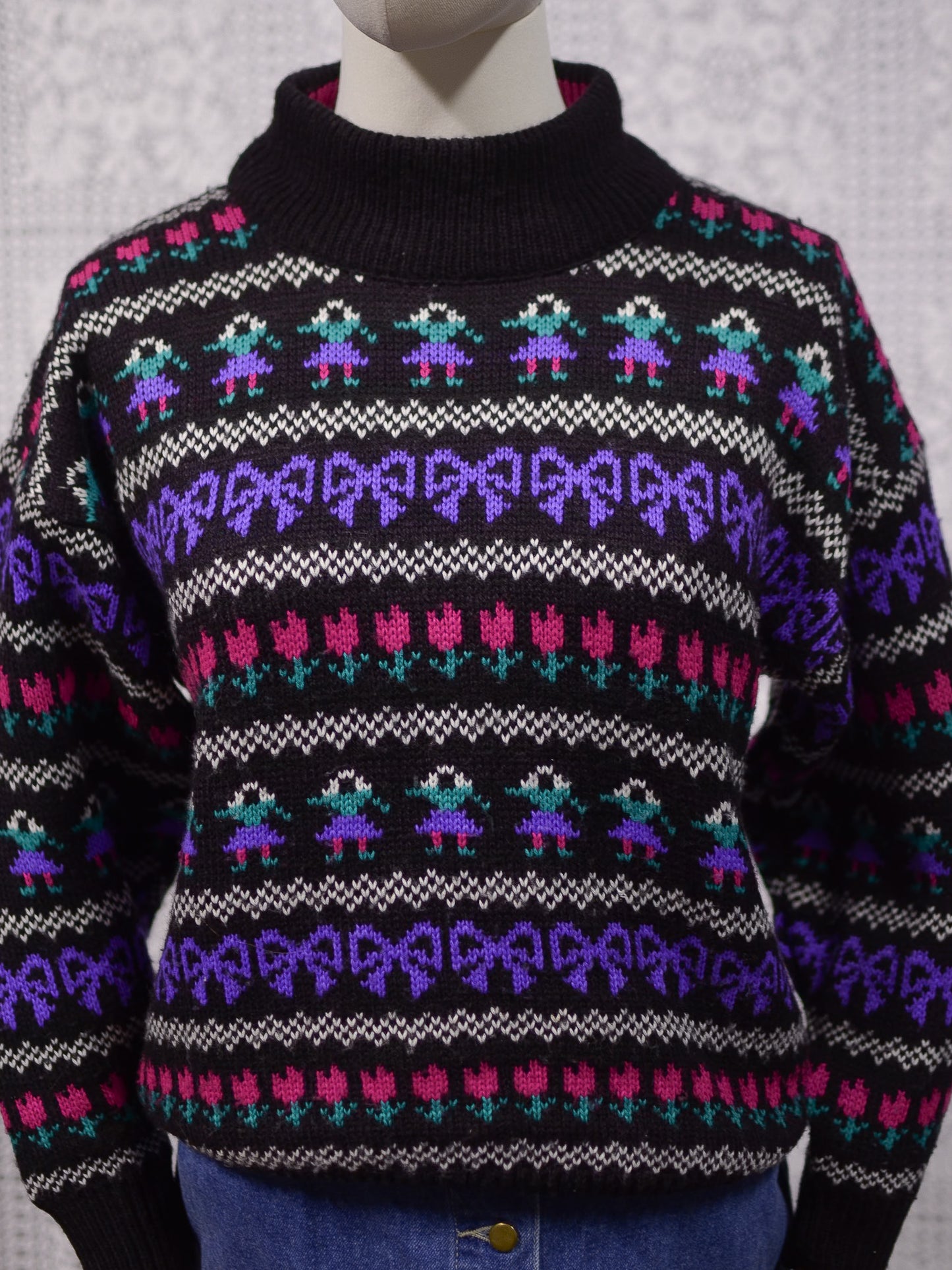 1980s black, purple and pink striped folk pattern jumper