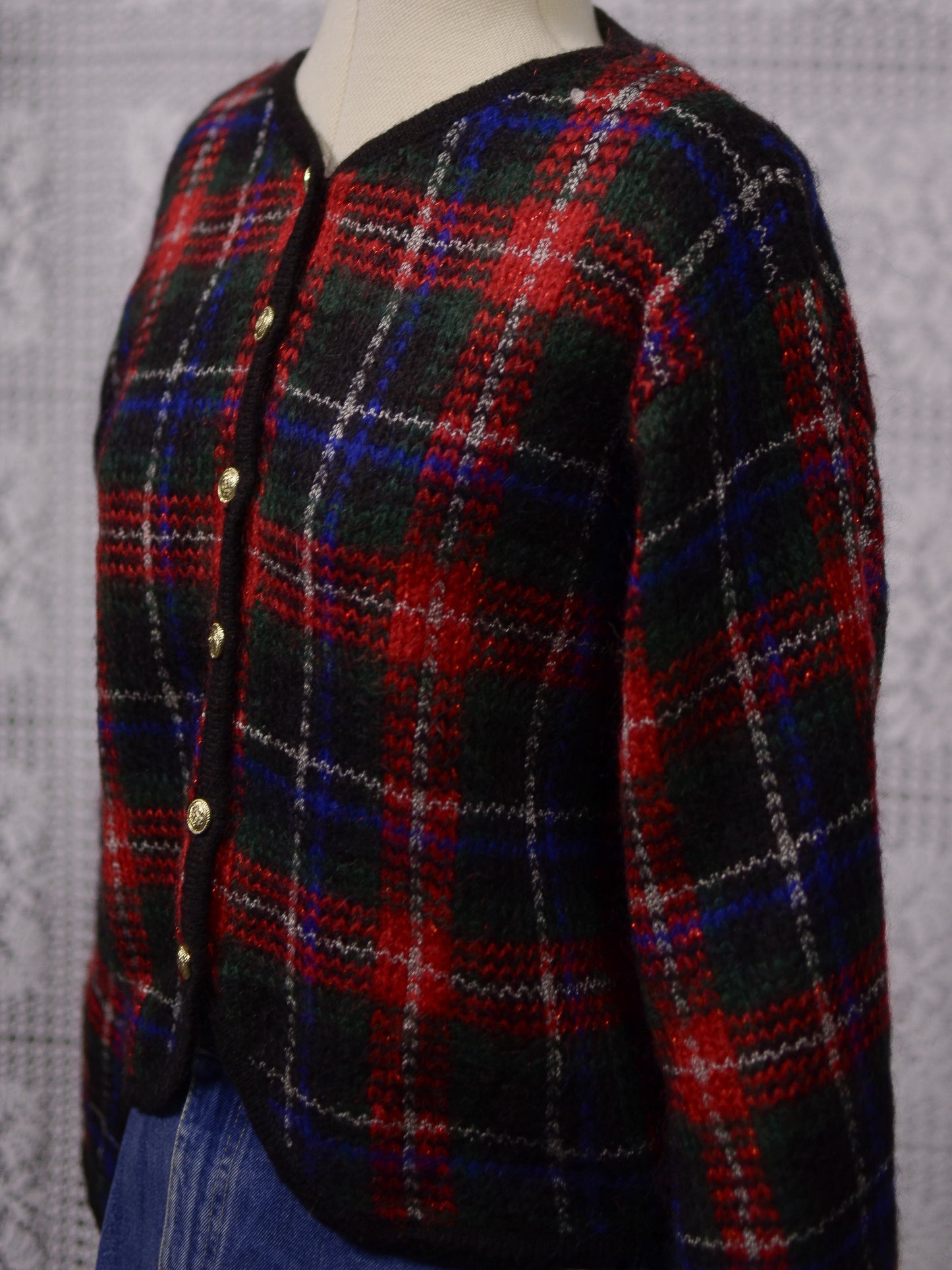 1980s red, green and blue tartan cropped cardigan