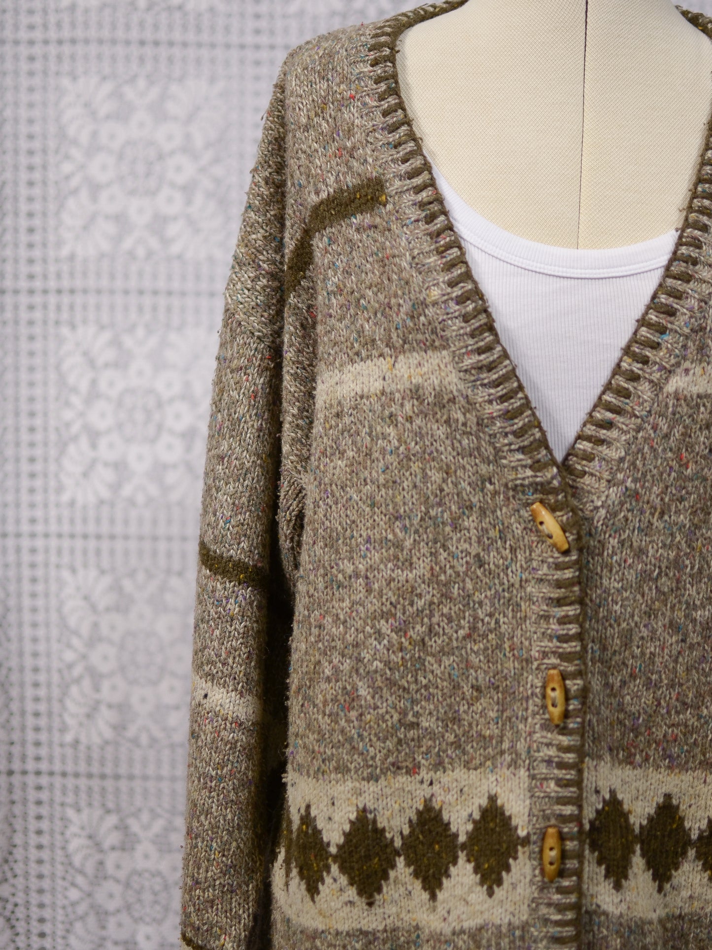 Y2K brown, cream and colourful flecked wool blend long tassled cardigan