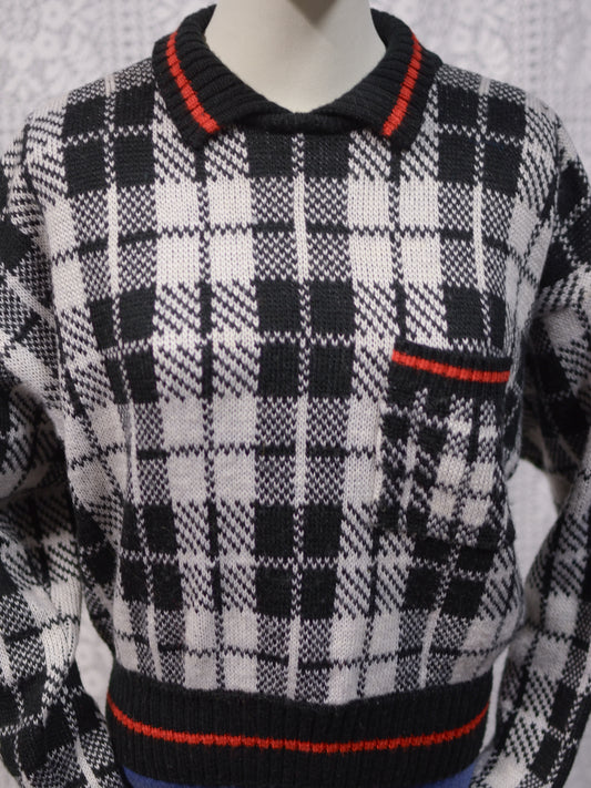 Y2K Liz Claiborne black, white and red tartan cropped collared jumper