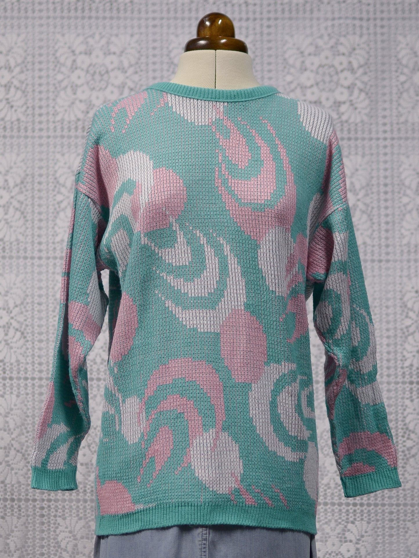 1980s mint green, pink and white abstract pattern jumper