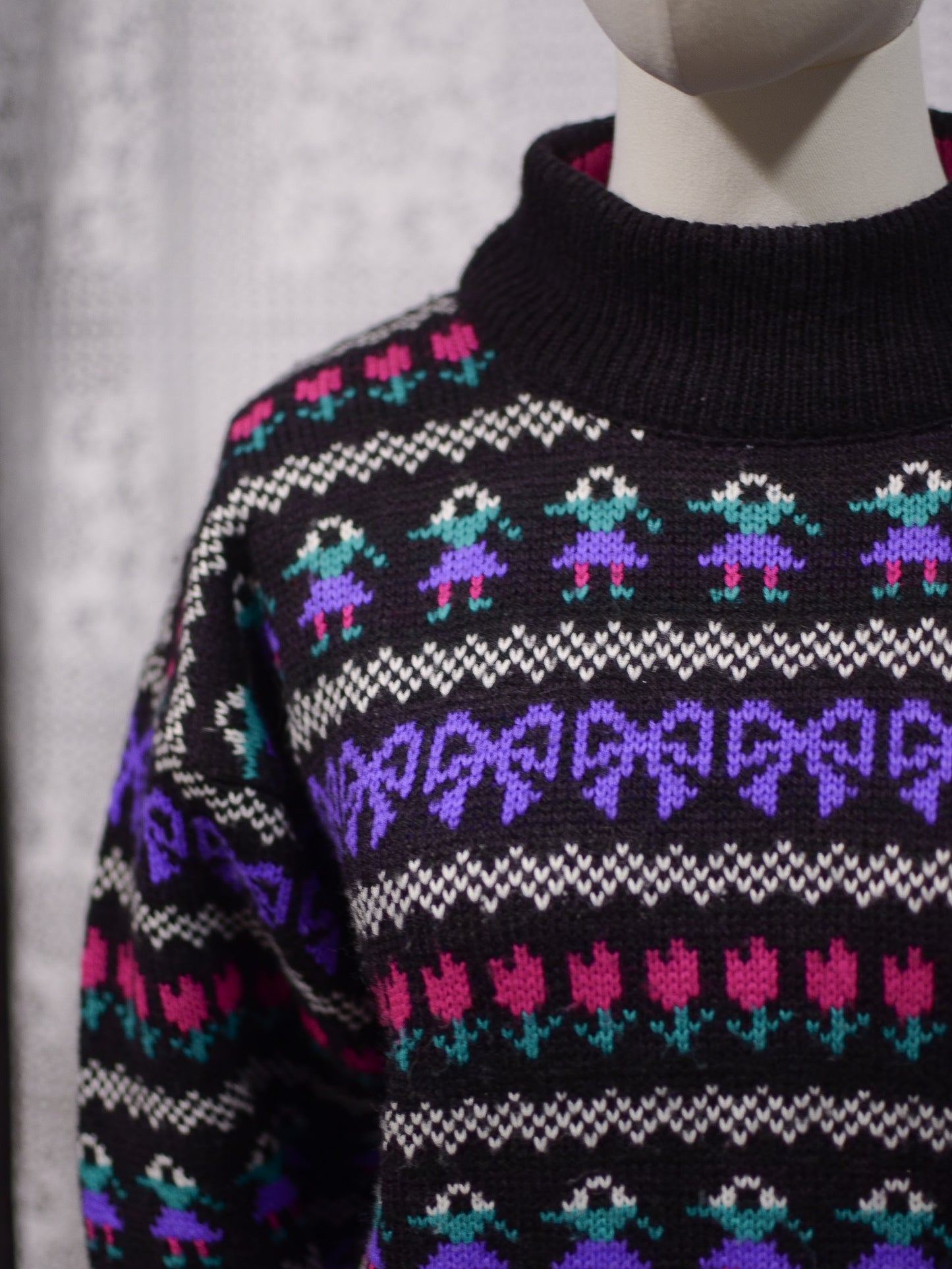 1980s black, purple and pink striped folk pattern jumper
