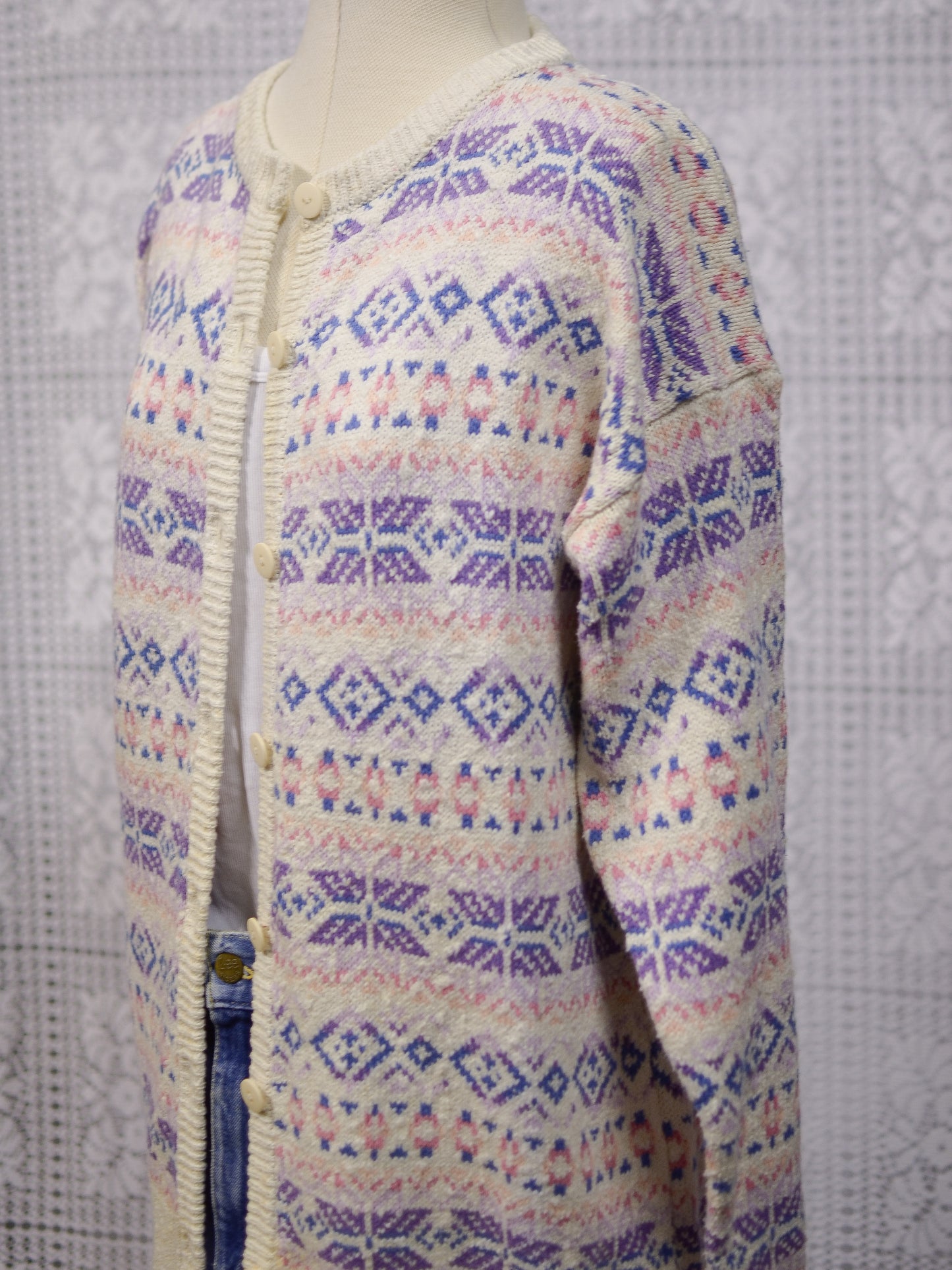 1990s Compliments cream, pink and lilac festive snowflake cosy cotton cardigan