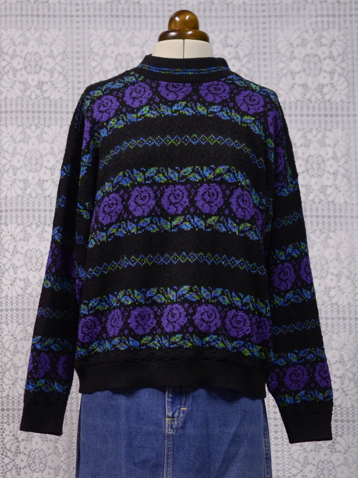 1980s black, purple and green rose floral and leaf pattern striped jumper