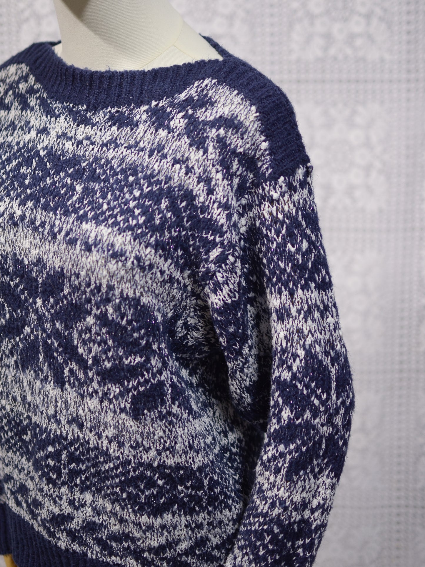 1980s C&A navy blue, white and silver snowflake festive jumper