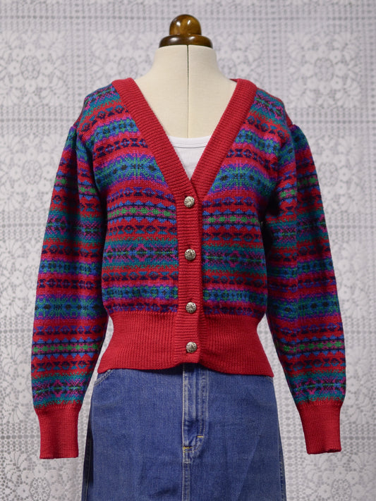 1980s Monsoon red, pink and blue fairisle striped v-neck cardigan