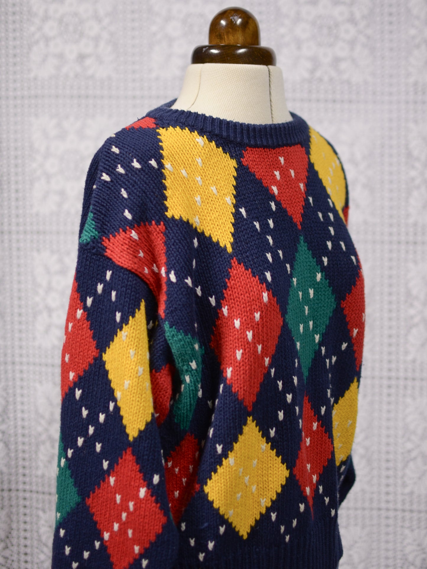 1990s Liz Claiborne navy blue, red, yellow and green argylle cotton jumper