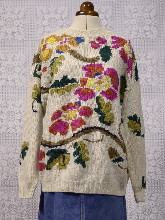 1990s cream bright floral jumper