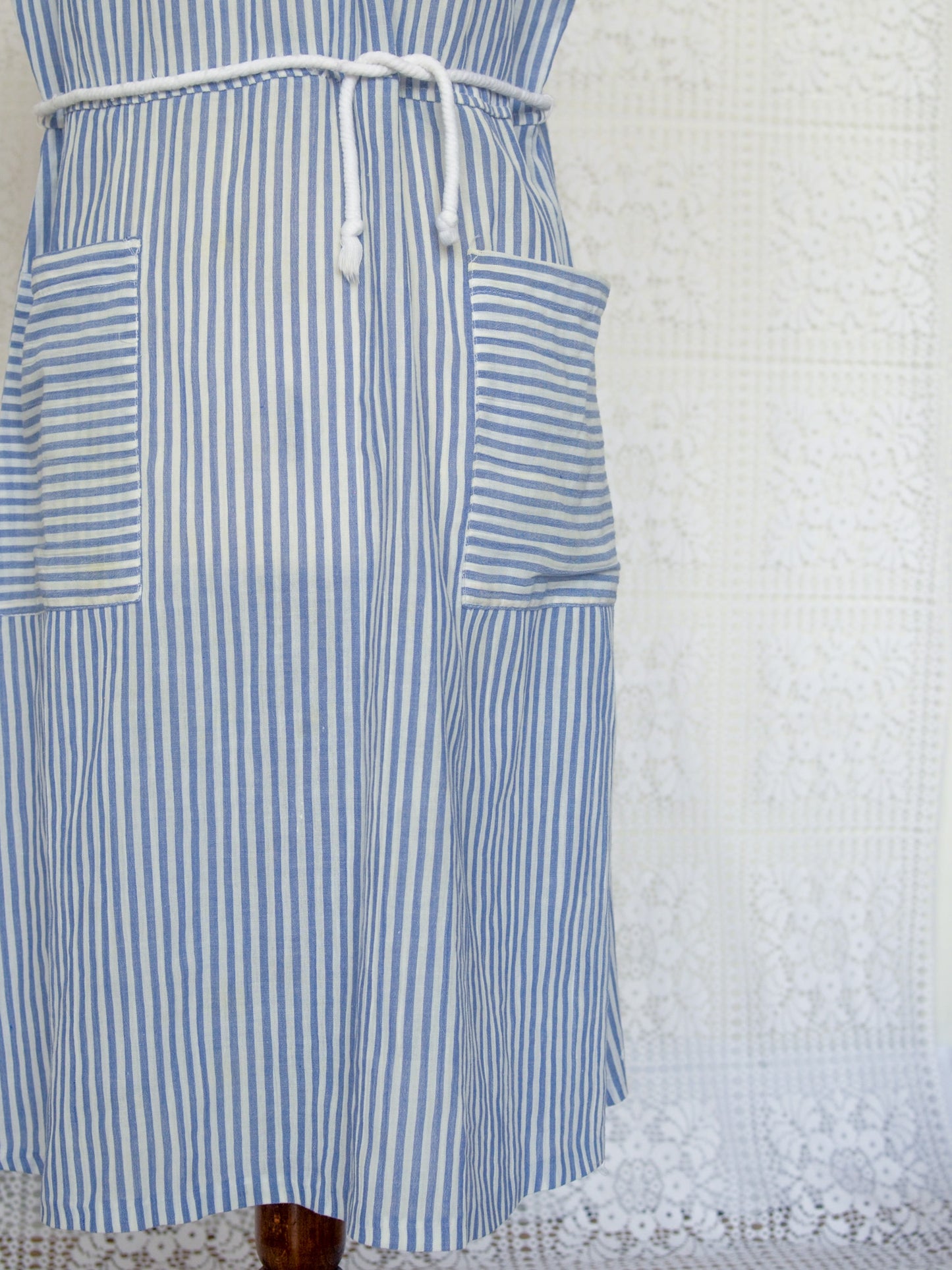 1980s blue and white striped dress with rope belt