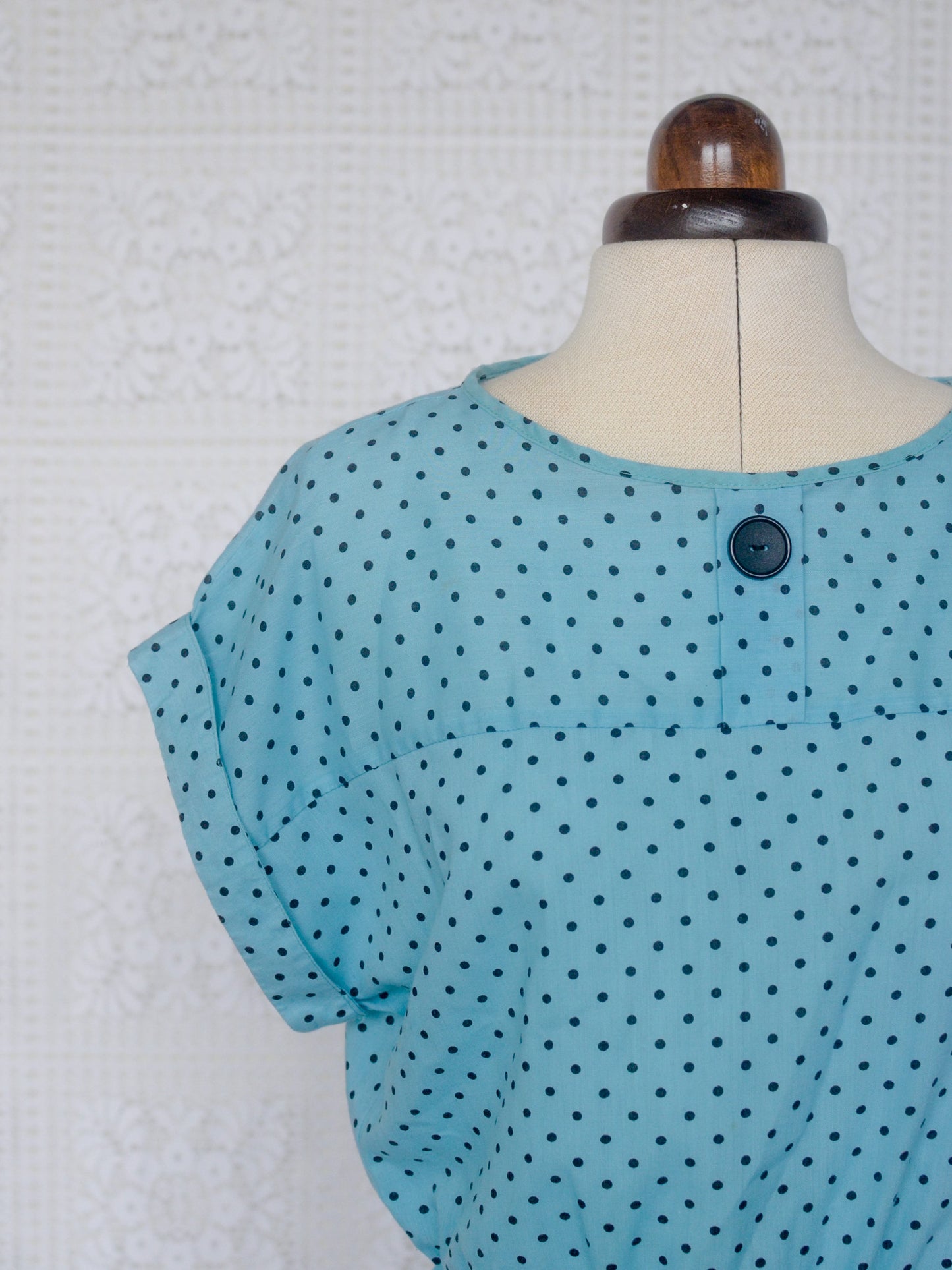 1980s C&A light blue and black polkadot mini dress