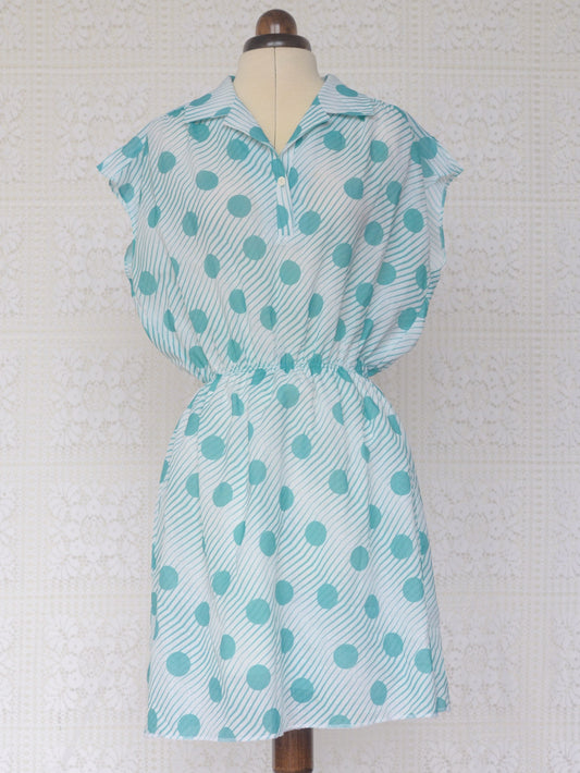 1980s white and turquoise polkadot and stripe short sleeve mini dress