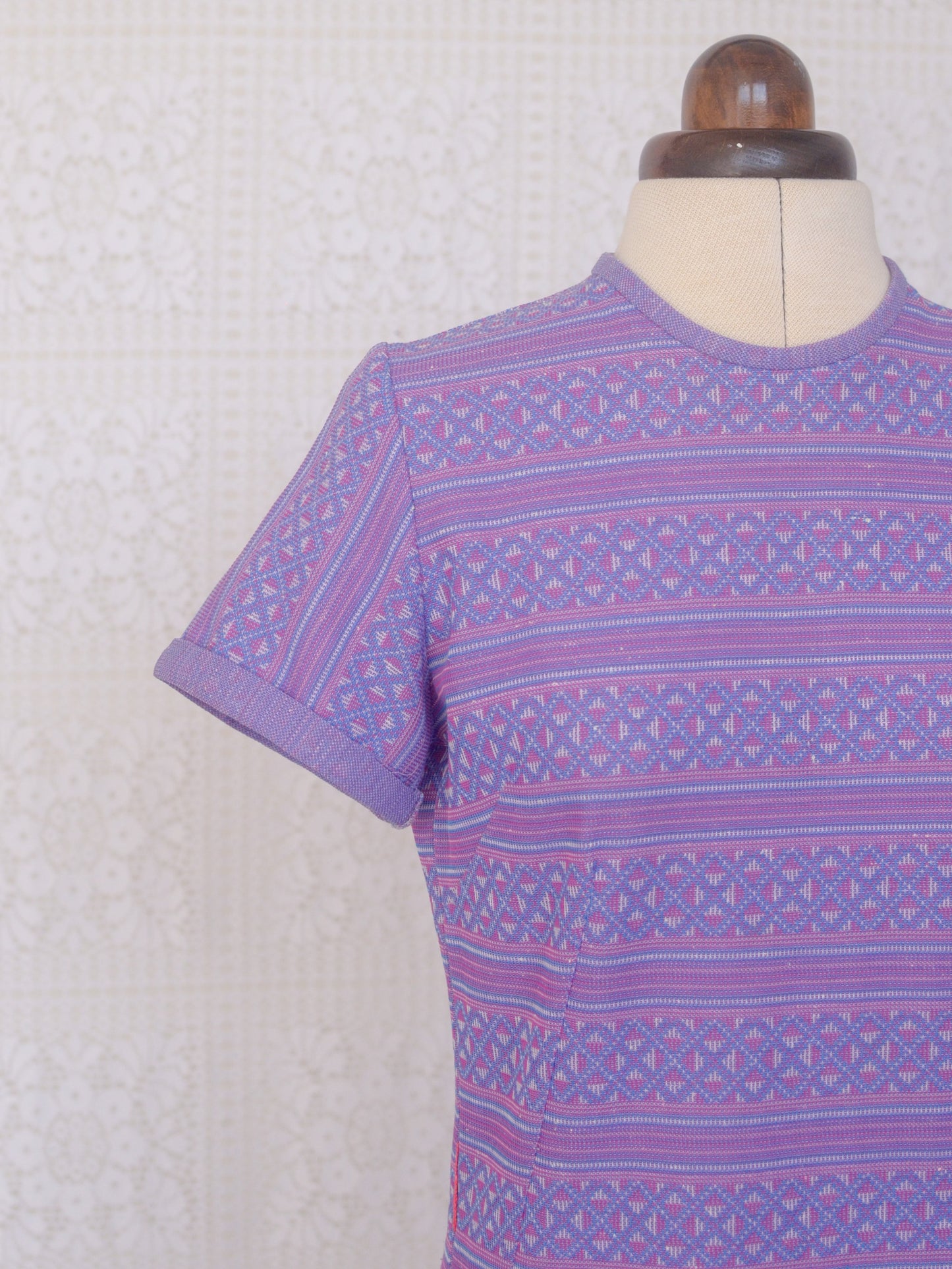 1960s purple and pink stripe geometric pattern midi shift dress