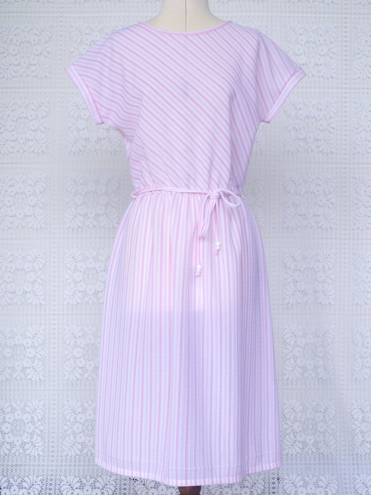 1980s pastel pink diagonal stripe maxi dress